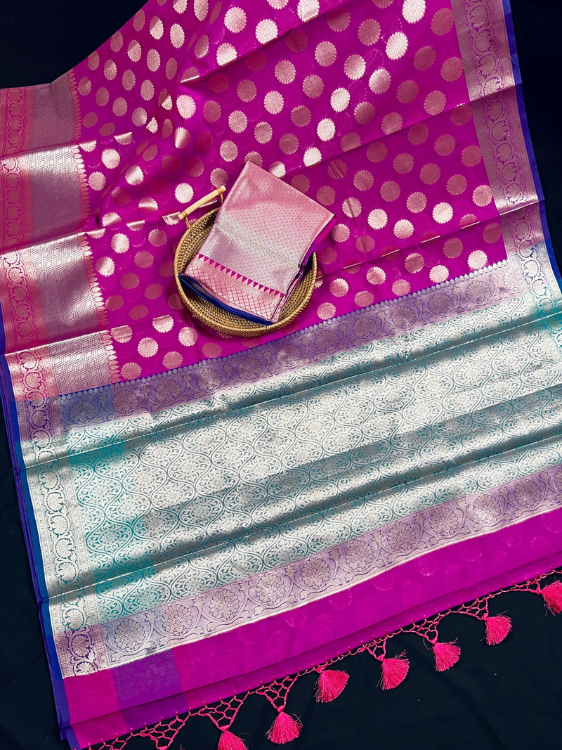 Purplish Pink Color Soft Banarasi Silk Handwoven Saree with Wide Border - Kaash