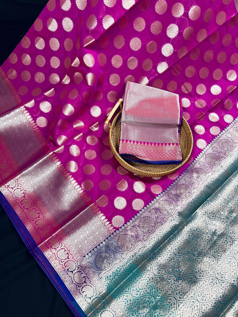Purplish Pink Color Soft Banarasi Silk Handwoven Saree with Wide Border - Kaash