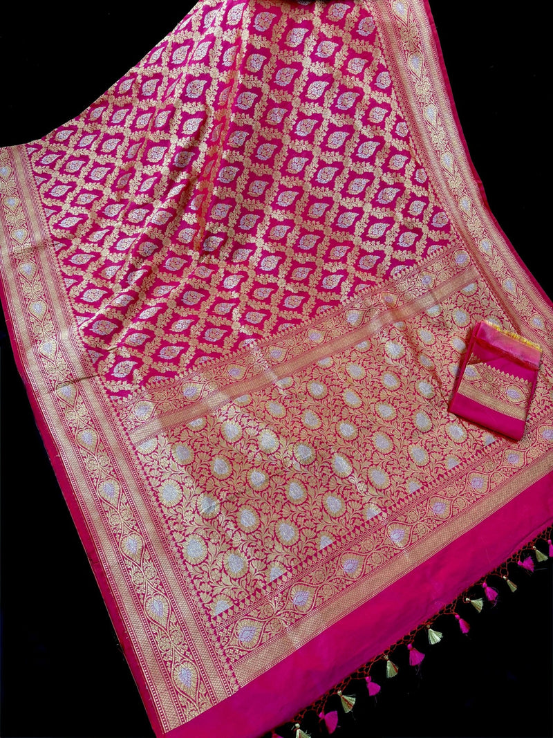 Rani Pink Banarasi saree in handloom banarasi silk with silver & gold zari floral jaal — Kaash Collection