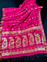 Rani Pink Linen Cotton Silk saree in linen blend cotton silk with zari weaving with meenakari work — Kaash Collection