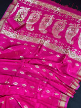Rani Pink Linen Cotton Silk saree in linen blend cotton silk with zari weaving with meenakari work — Kaash Collection