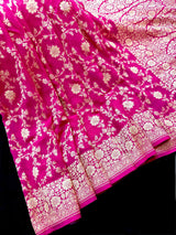 Rani Pink Pure Khaddi Georgette Silk Saree with Floral Jaal Zari Weave - Kaash
