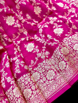 Rani Pink Pure Khaddi Georgette Silk Saree with Floral Jaal Zari Weave - Kaash