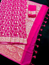 Rani Pink Pure Khaddi Georgette Silk Saree with Floral Jaal Zari Weave - Kaash