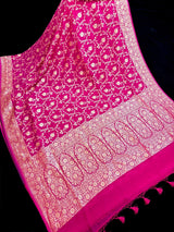 Rani Pink Pure Khaddi Georgette Silk Saree with Floral Jaal Zari Weave - Kaash