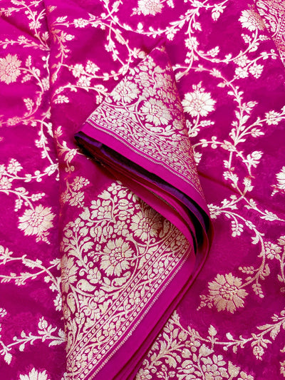 Rani Pink Pure Khaddi Georgette Silk Saree with Floral Jaal Zari Weave - Kaash