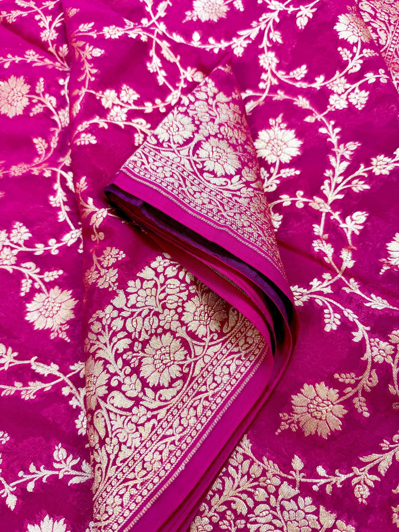 Rani Pink Pure Khaddi Georgette Silk Saree with Floral Jaal Zari Weave - Kaash