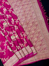 Rani Pink Pure Khaddi Georgette Silk Saree with Gold Zari Weave and Crafted Meenakari Floral Design | SILK MARK CERTIFIED - Kaash