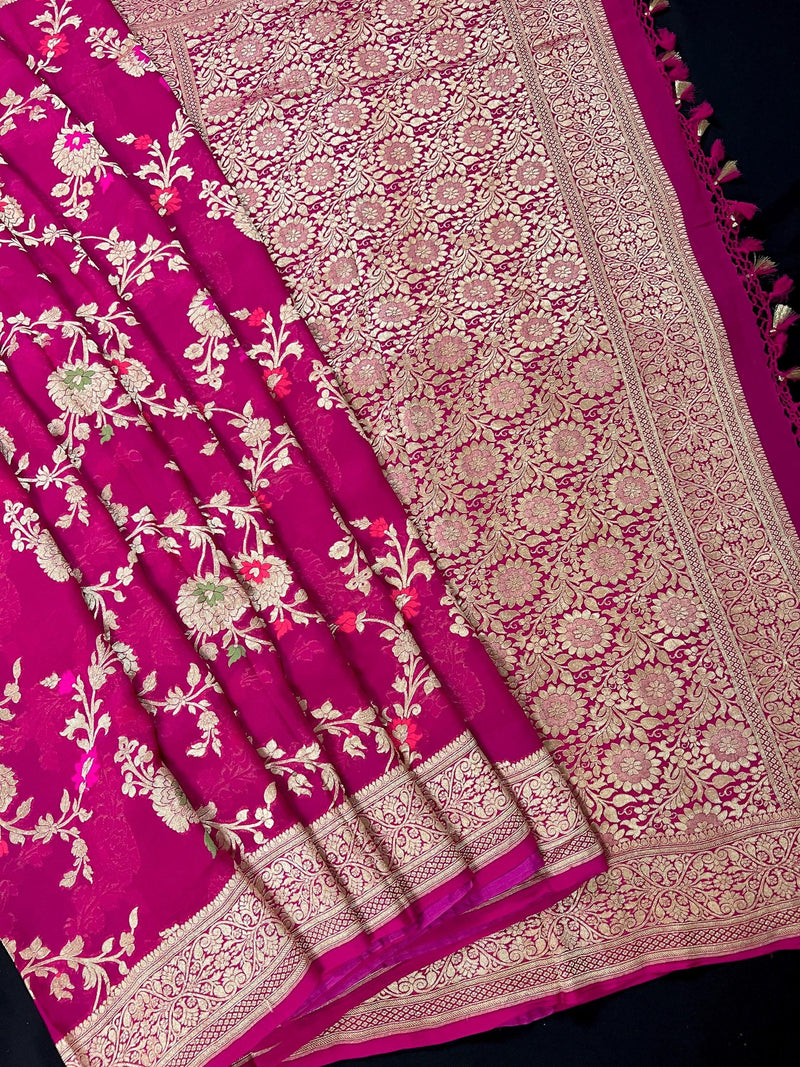 Rani Pink Pure Khaddi Georgette Silk Saree with Gold Zari Weave and Crafted Meenakari Floral Design | SILK MARK CERTIFIED - Kaash