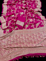 Rani Pink Pure Khaddi Georgette Silk Saree with Gold Zari Weave and Crafted Meenakari Floral Design | SILK MARK CERTIFIED - Kaash