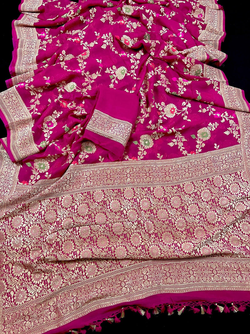 Rani Pink Pure Khaddi Georgette Silk Saree with Gold Zari Weave and Crafted Meenakari Floral Design | SILK MARK CERTIFIED - Kaash