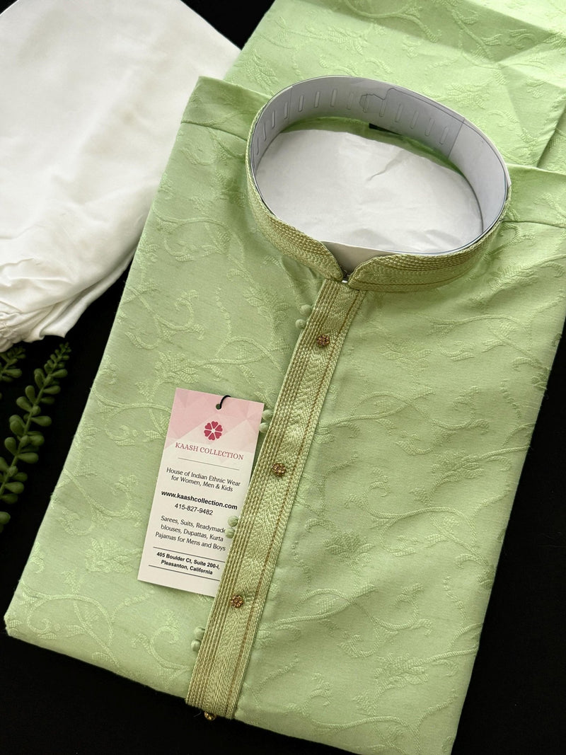 Pista Green men's kurta pajama in raw silk (non-pure) with self-design with fancy neckline — Kaash Collection