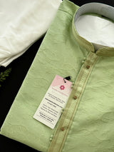 Pista Green men's kurta pajama in raw silk (non-pure) with self-design with fancy neckline — Kaash Collection