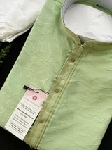 Pista Green men's kurta pajama in raw silk (non-pure) with self-design with fancy neckline — Kaash Collection