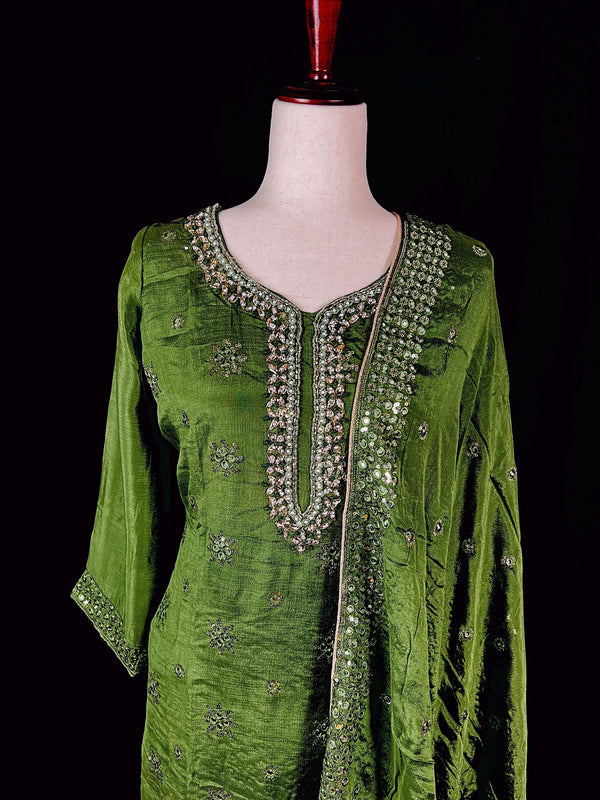 Readymade 3pcs Suit in Mehandi Green Color For Women with Handwork - Kaash