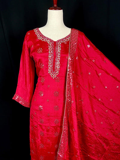 Red Designer 3pcs 3-piece (kameez, bottom, dupatta) with pearls, beads, sequin & thread handwork — Kaash Collection