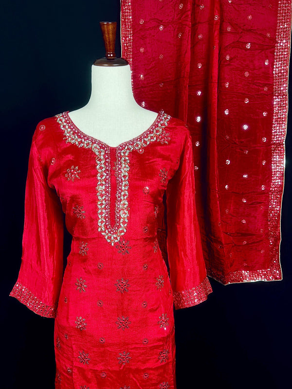 Readymade 3pcs Suit in Red Color For Women with Handwork - Kaash