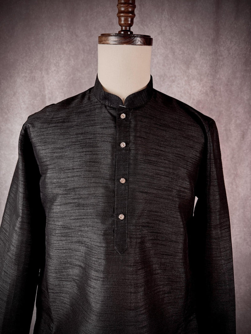 Readymade Black Color Raw Silk Men Short Kurta - Kaash