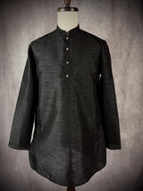 Readymade Black Color Raw Silk Men Short Kurta - Kaash