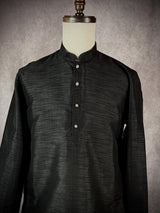 Readymade Black Color Raw Silk Men Short Kurta - Kaash