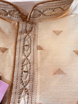 Cream men's kurta pajama in raw silk with hand embroidery on neckline & collar — Kaash Collection