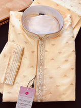 Cream men's kurta pajama in raw silk with hand embroidery on neckline & collar — Kaash Collection
