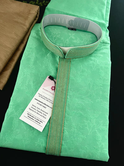 Readymade Men's Stylish Green Color Kurta Pajama for Men with Intricate Self Design - Kaash