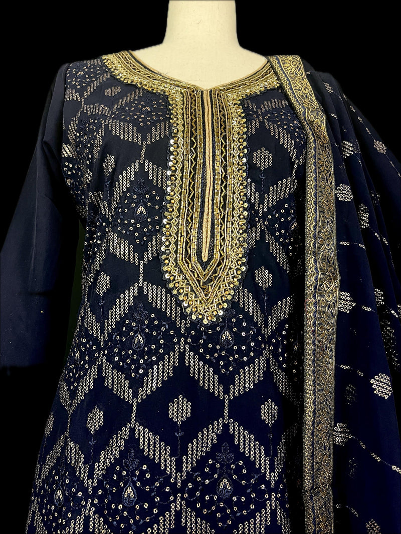 Readymade Navy Blue Color Georgette Salwar Kameez for Women with Handwork Work and Heavy Dupatta | Blue Color Indian Party Wear Dresses - Kaash