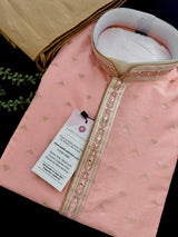 Pastel Light Pink (with Peach Tint) men's kurta pajama in raw silk with hand embroidery & mirror work on neckline — Kaash Collection