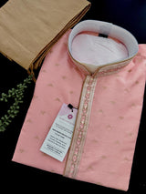 Pastel Light Pink (with Peach Tint) men's kurta pajama in raw silk with hand embroidery & mirror work on neckline — Kaash Collection