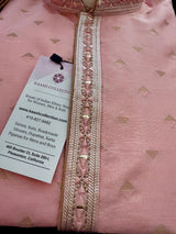 Pastel Light Pink (with Peach Tint) men's kurta pajama in raw silk with hand embroidery & mirror work on neckline — Kaash Collection