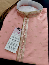 Pastel Light Pink (with Peach Tint) men's kurta pajama in raw silk with hand embroidery & mirror work on neckline — Kaash Collection
