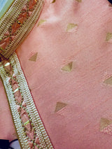 Pastel Light Pink (with Peach Tint) men's kurta pajama in raw silk with hand embroidery & mirror work on neckline — Kaash Collection