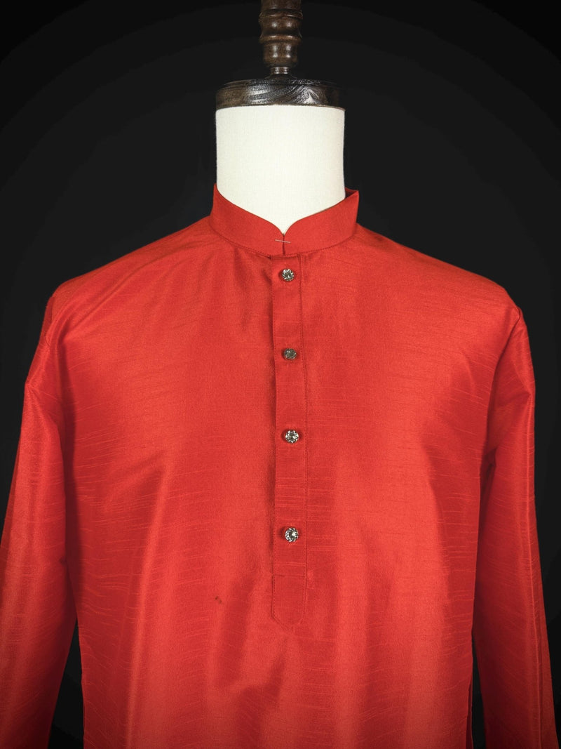 Readymade Saffron Color Raw Silk Men Short Kurta - Kaash