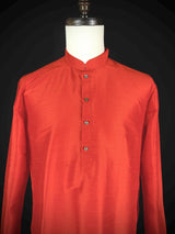 Readymade Saffron Color Raw Silk Men Short Kurta - Kaash