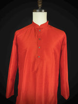 Readymade Saffron Color Raw Silk Men Short Kurta - Kaash