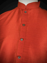 Readymade Saffron Color Raw Silk Men Short Kurta - Kaash