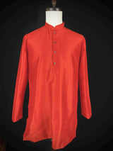 Readymade Saffron Color Raw Silk Men Short Kurta - Kaash