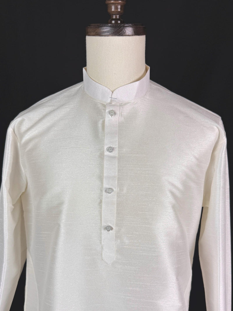 Readymade White Color Raw Silk Men Short Kurta - Kaash