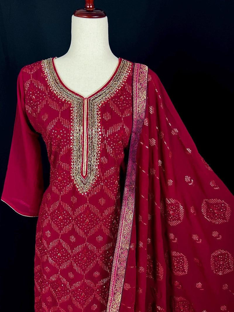 Wine readymade salwar kameez for women — pure georgette kameez, pant bottom, soft georgette silk dupatta — Kaash Collection