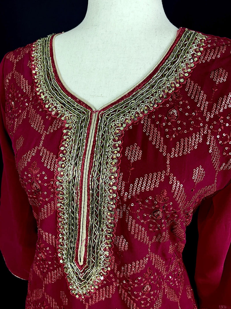 Readymade Wine Color Georgette Salwar Kameez for Women with Handwork Work and Heavy Dupatta | Wine Color Indian Party Wear Dresses - Kaash