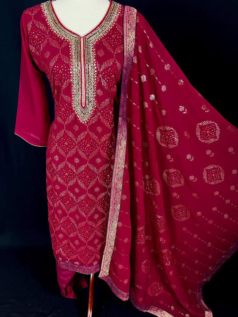 Readymade Wine Color Georgette Salwar Kameez for Women with Handwork Work and Heavy Dupatta | Wine Color Indian Party Wear Dresses - Kaash