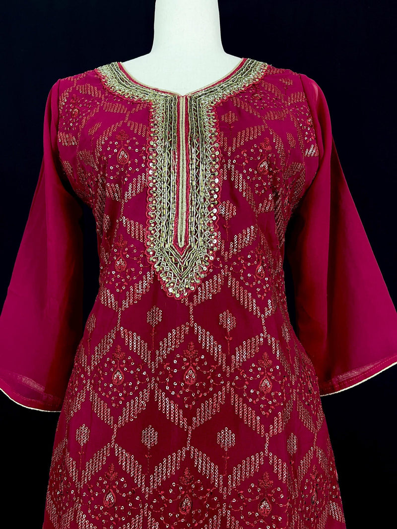 Readymade Wine Color Georgette Salwar Kameez for Women with Handwork Work and Heavy Dupatta | Wine Color Indian Party Wear Dresses - Kaash