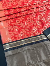 Red and Black Color Handloom Linen Jamdani Silk Saree with Striped Borders - Kaash