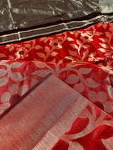 Red and Black Color Handloom Linen Jamdani Silk Saree with Striped Borders - Kaash