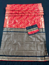 Red and Black Color Handloom Linen Jamdani Silk Saree with Striped Borders - Kaash