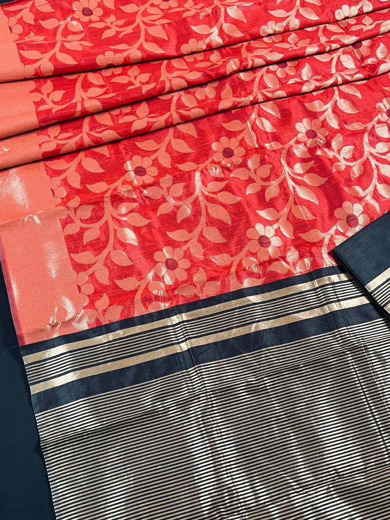 Red and Black Color Handloom Linen Jamdani Silk Saree with Striped Borders | Gold Zari Weaving | Linen Saree | Jamdani Sarees - Kaash