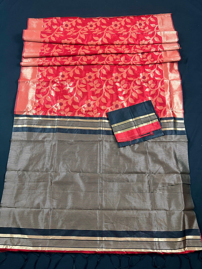 Red and Black Color Handloom Linen Jamdani Silk Saree with Striped Borders | Gold Zari Weaving | Linen Saree | Jamdani Sarees - Kaash