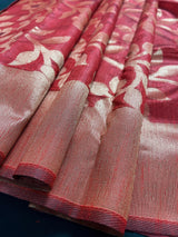 Red and Black Color Handloom Linen Jamdani Silk Saree with Striped Borders | Gold Zari Weaving | Linen Saree | Jamdani Sarees - Kaash