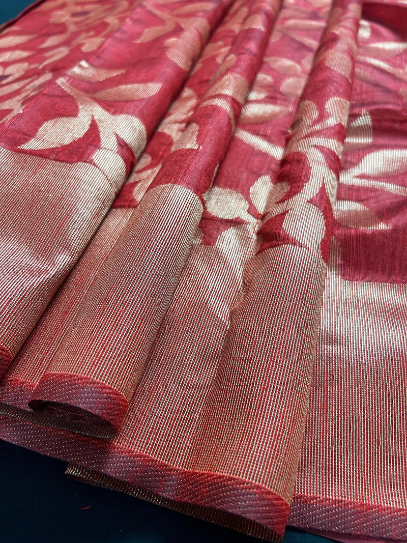 Red and Black Color Handloom Linen Jamdani Silk Saree with Striped Borders | Gold Zari Weaving | Linen Saree | Jamdani Sarees - Kaash